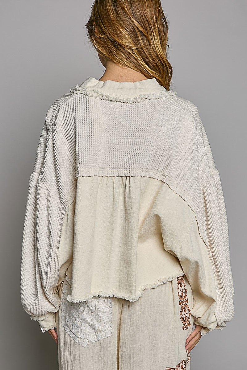 POL Oversize Contrast Twill Button Down Balloon Sleeve Shacket - Roulhac Fashion Boutique