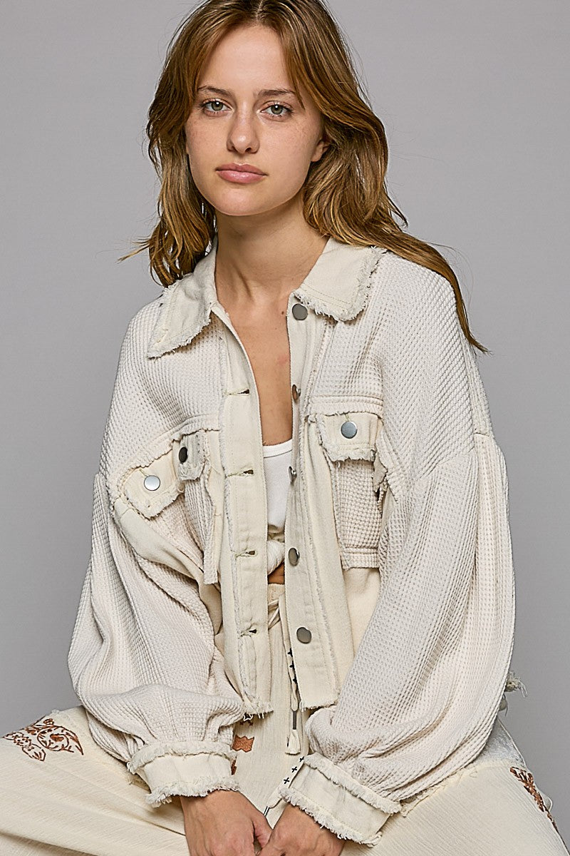 POL Oversize Contrast Twill Button Down Balloon Sleeve Shacket - Roulhac Fashion Boutique