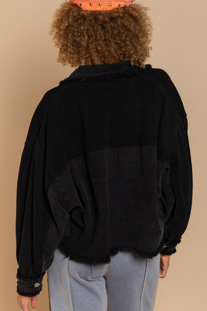 POL Oversize Contrast Twill Button Down Balloon Sleeve Shacket