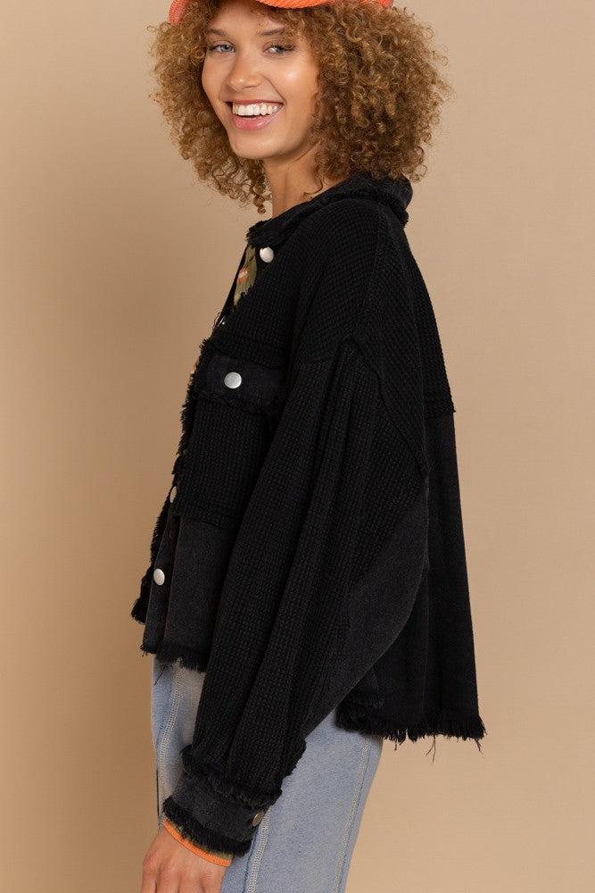 POL Oversize Contrast Twill Button Down Balloon Sleeve Shacket
