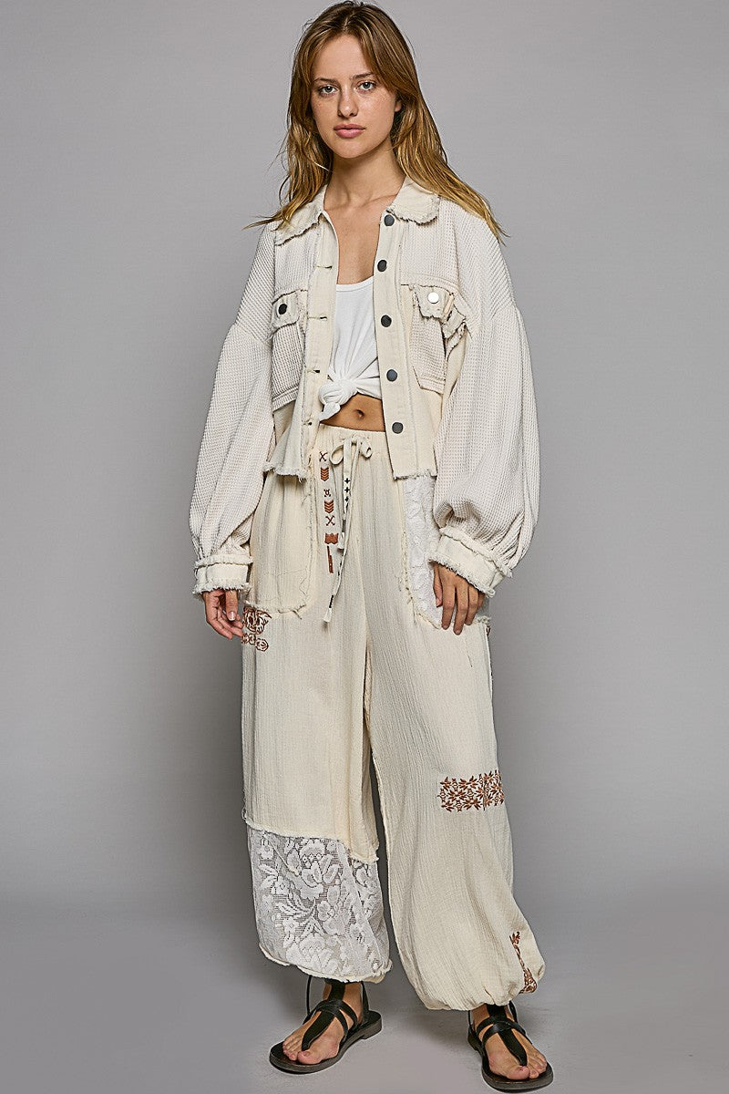 POL Oversize Contrast Twill Button Down Balloon Sleeve Shacket - Roulhac Fashion Boutique