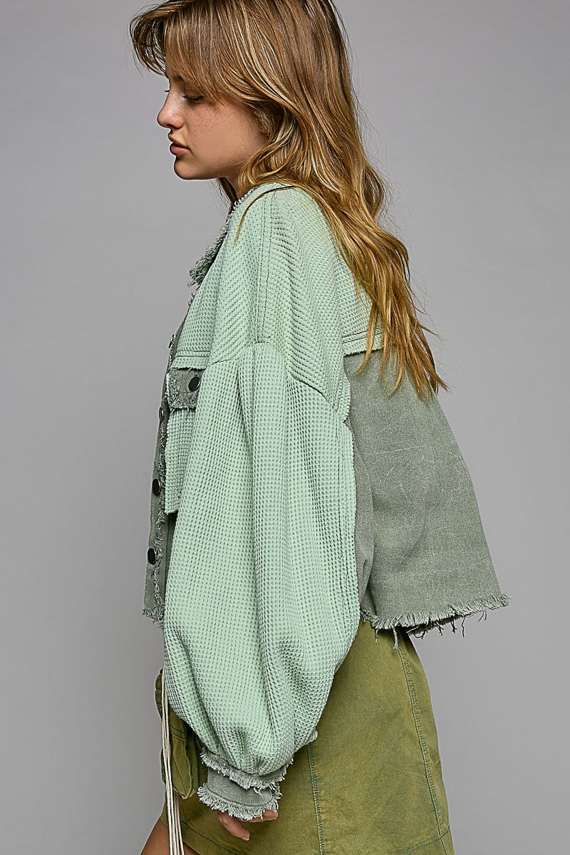 POL Oversize Contrast Twill Button Down Balloon Sleeve Shacket