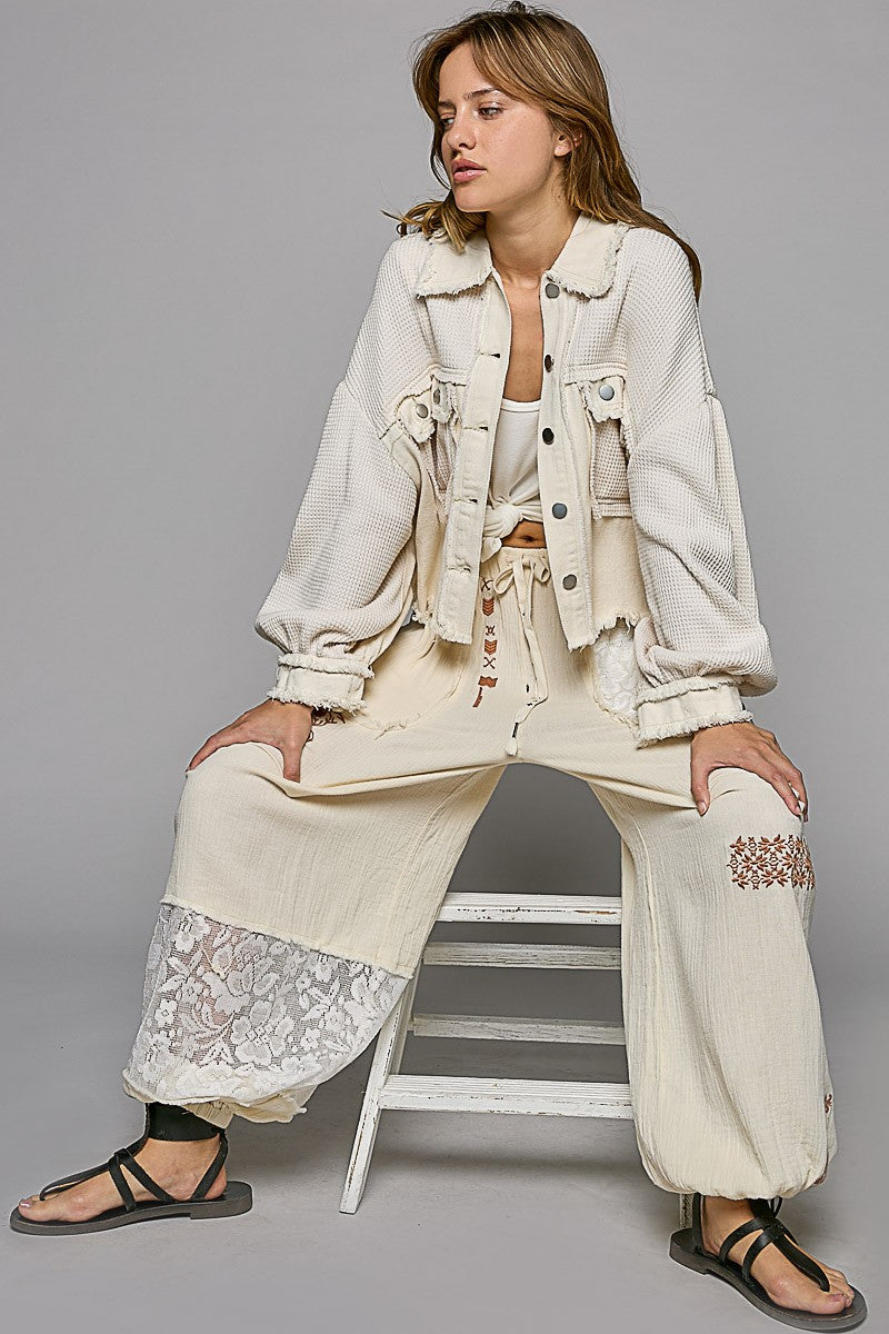 POL Oversize Contrast Twill Button Down Balloon Sleeve Shacket - Roulhac Fashion Boutique