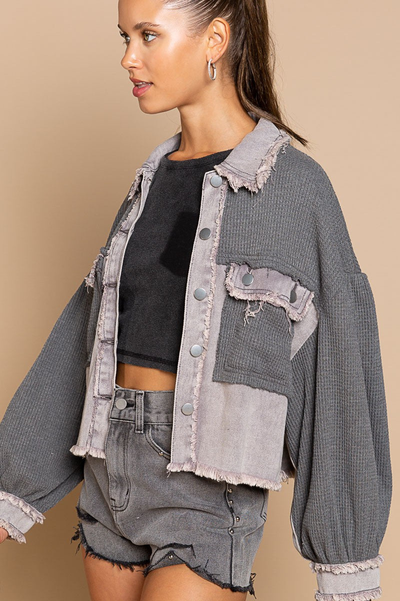 POL Oversize Contrast Twill Button Down Balloon Sleeve Shacket