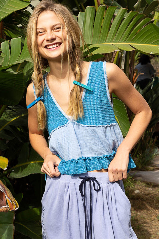 POL Sleeveless Contrast Thermal Cropped Babydoll Top