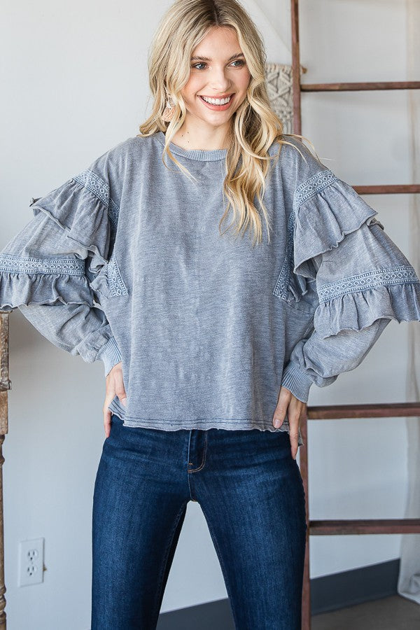 Oli & Hali Mineral Washed Ruffle Crochet Sleeves Top