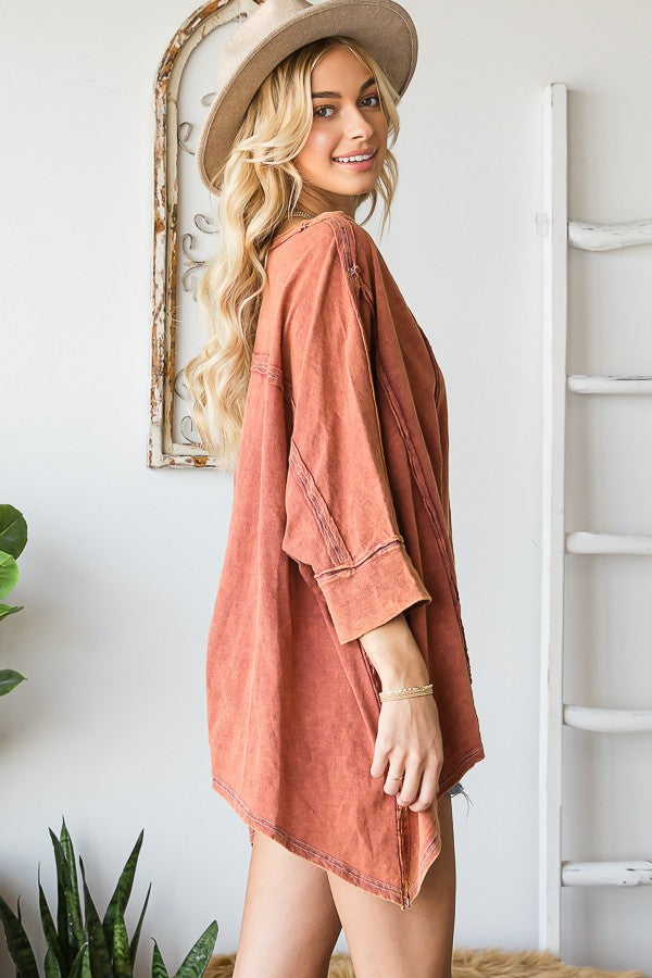 Oli & Hali V Neck Oversized Mineral Washing Top