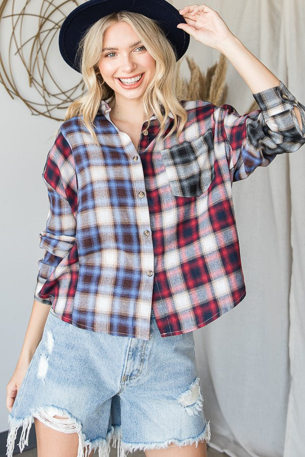 Oli & Hali Mix N Match Plaid Cropped Button Down Shirt Top