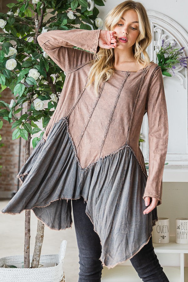 Oli & Hali Washed Fabric Mixed Uneven Hem Tunic Top