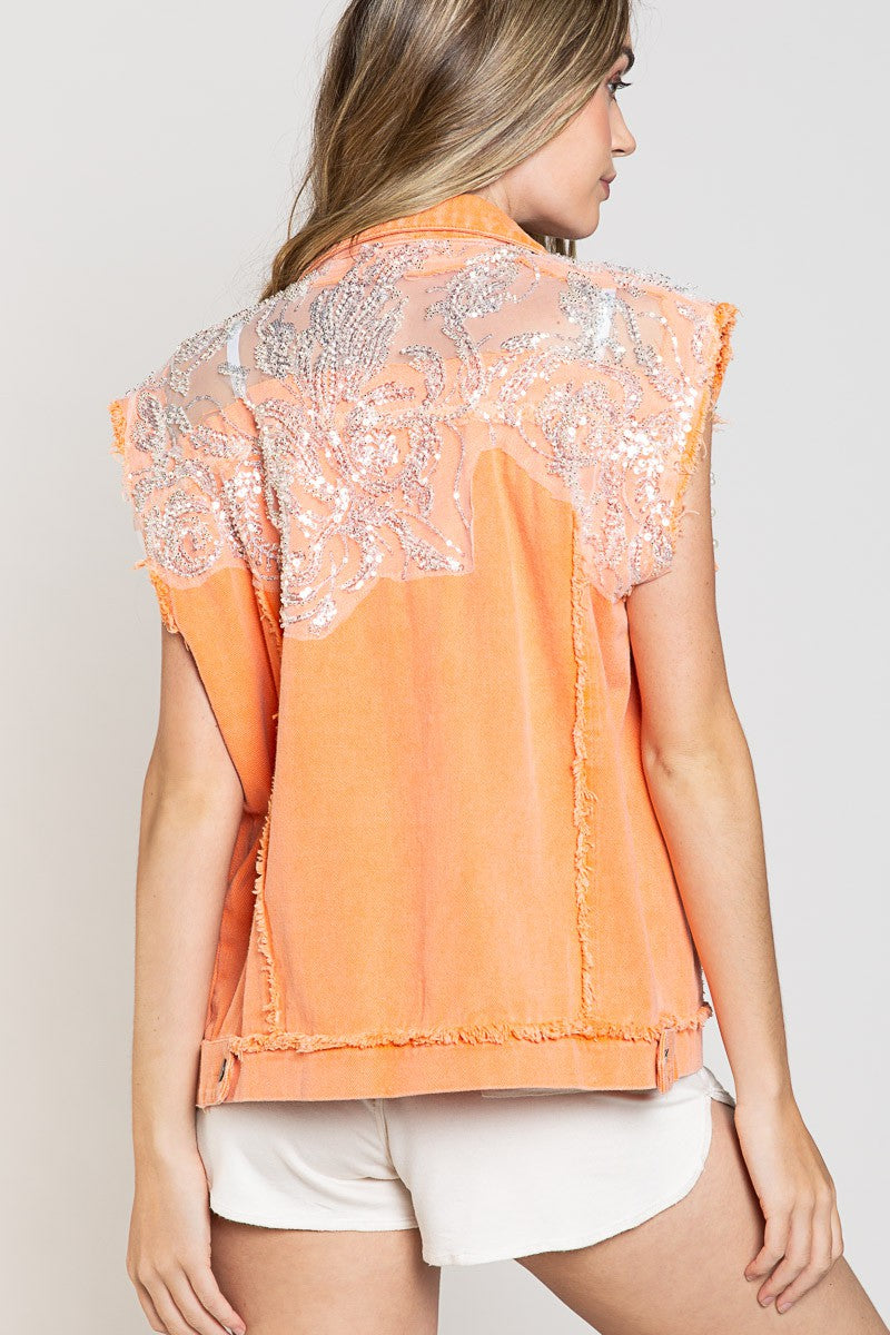 POL Oversized Denim Sparkle Frayed Hem Vest Jacket
