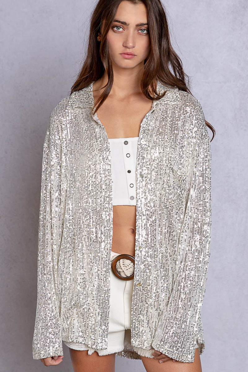 POL Casual Sequin Pocket Shirt Top