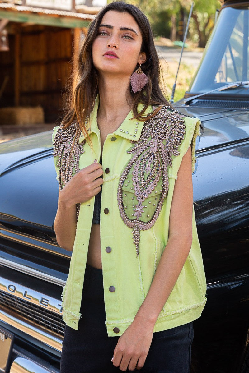 POL Stud Detailed Denim Frayed Edge Collar Vest Jacket