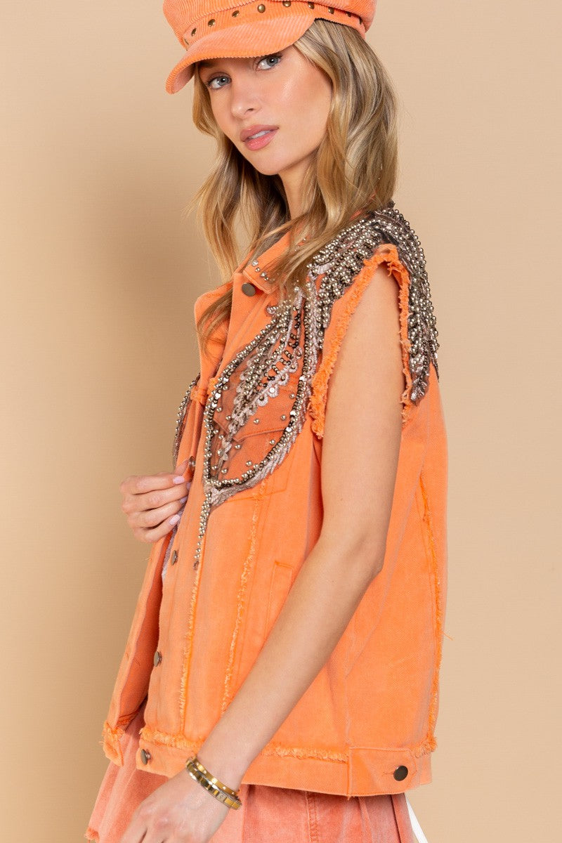 POL Stud Detailed Denim Frayed Edge Collar Vest Jacket