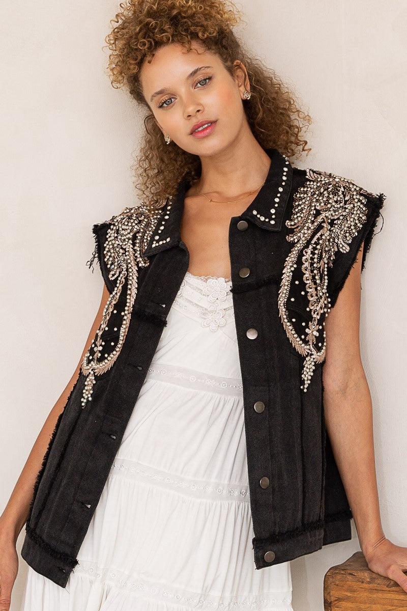POL Stud Detailed Denim Frayed Edge Collar Vest Jacket