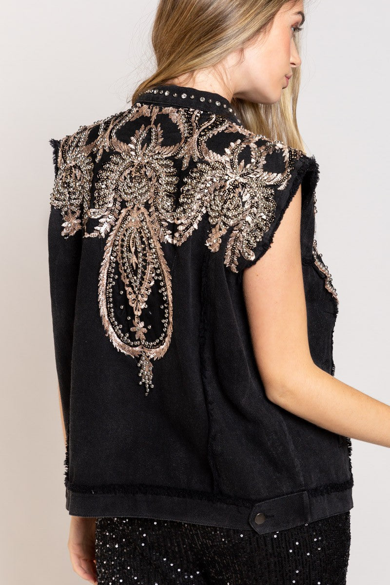 POL Stud Detailed Denim Frayed Edge Collar Vest Jacket