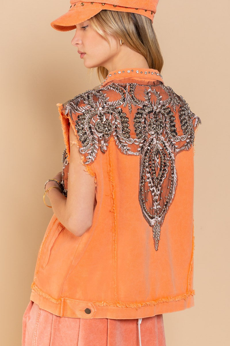 POL Stud Detailed Denim Frayed Edge Collar Vest Jacket