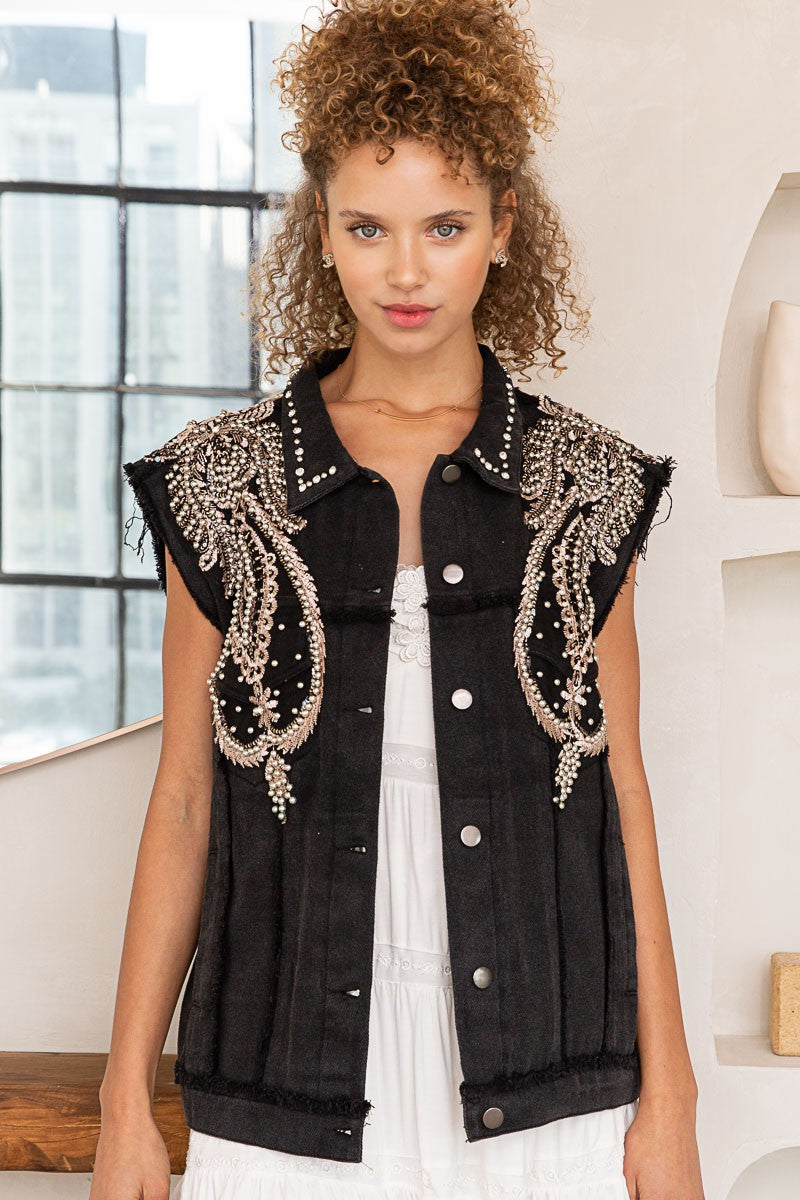POL Stud Detailed Denim Frayed Edge Collar Vest Jacket
