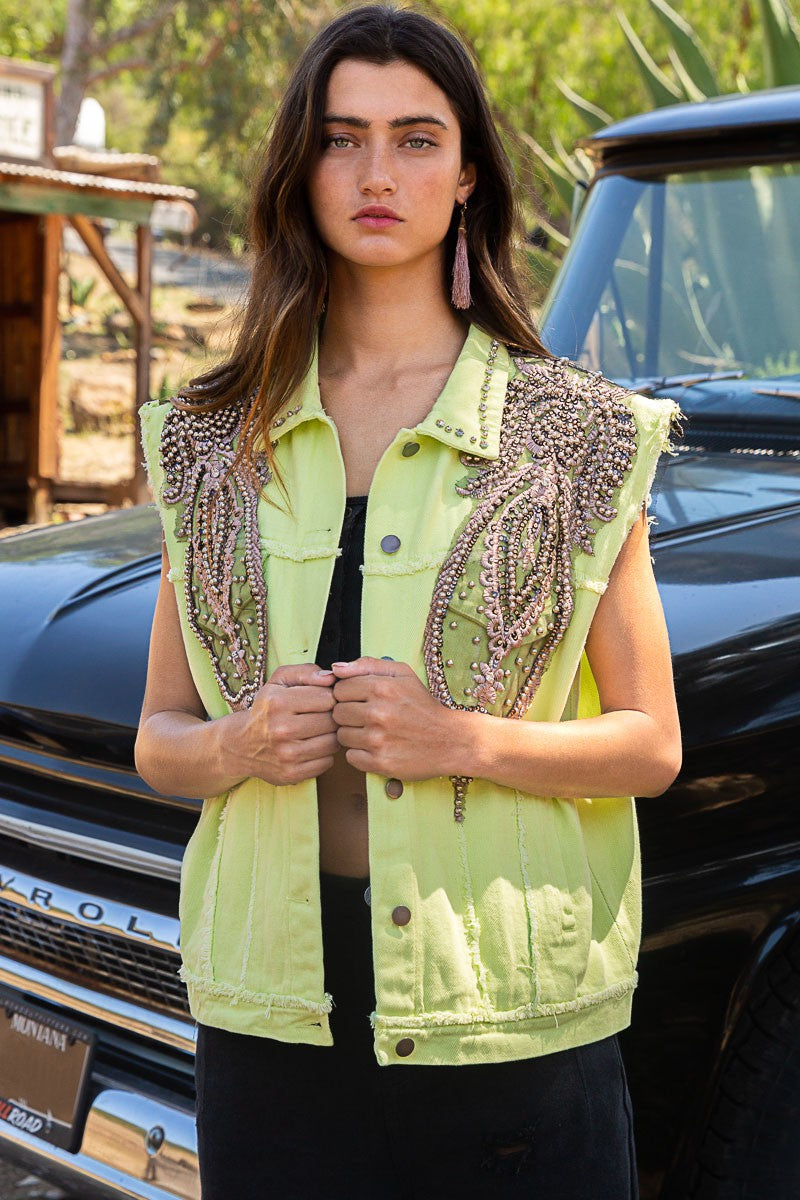 POL Stud Detailed Denim Frayed Edge Collar Vest Jacket