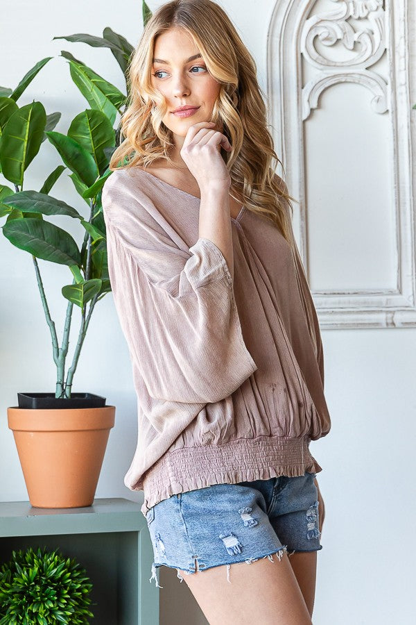 Oli & Hali Mineral Washed Cirsscross Smocked Waist Band Top