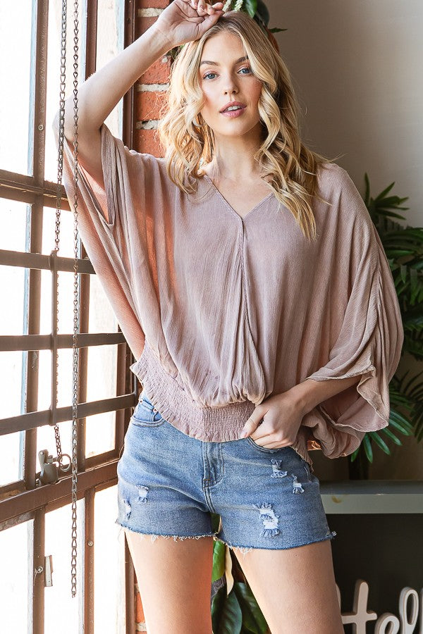 Oli & Hali Mineral Washed Cirsscross Smocked Waist Band Top