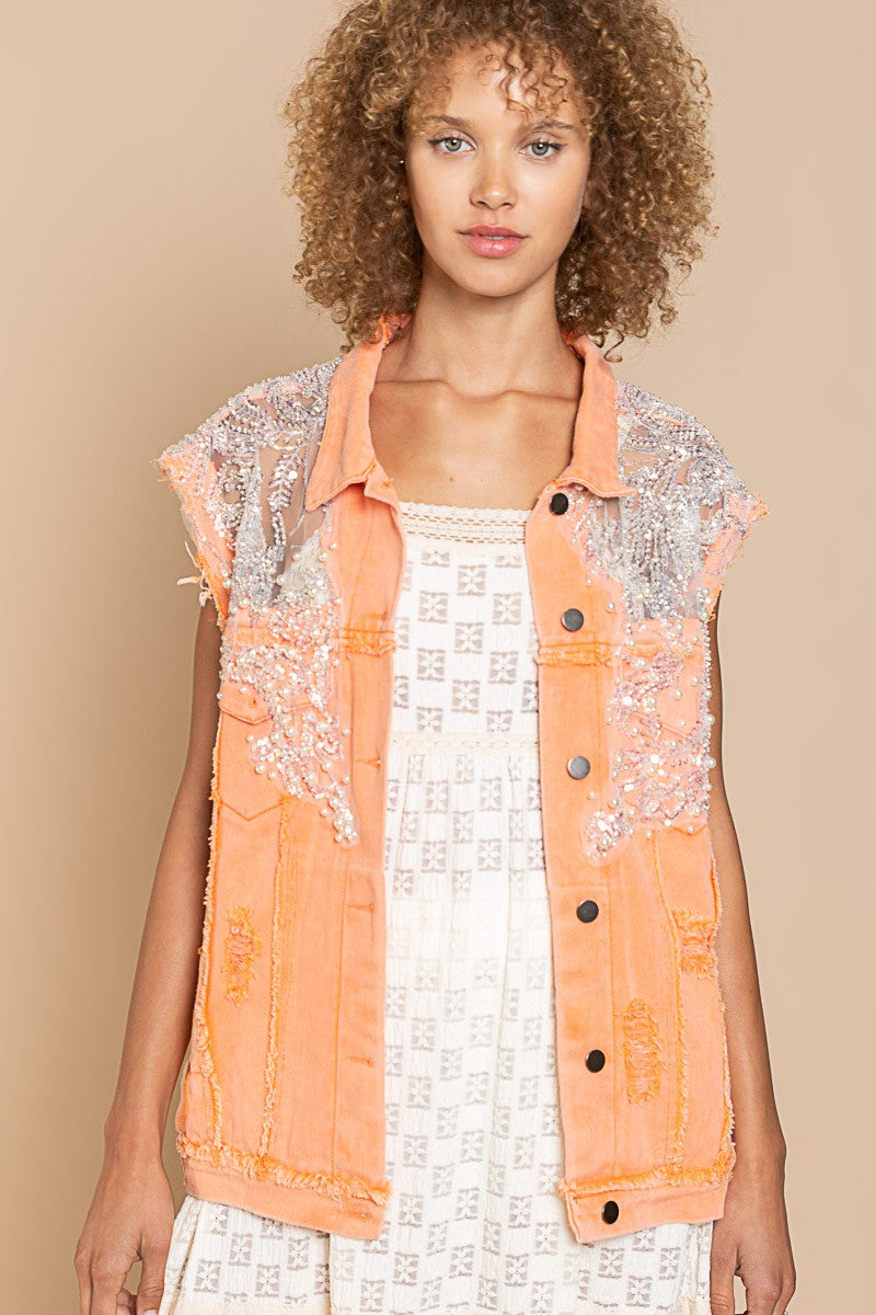 POL Oversized Denim Sparkle Frayed Hem Vest Jacket