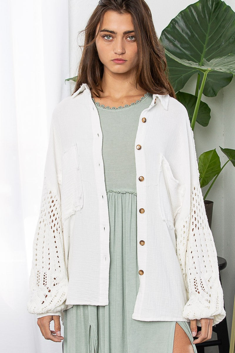 POL Contrast Sweater Sleeves Chest Pockets Shirt Top