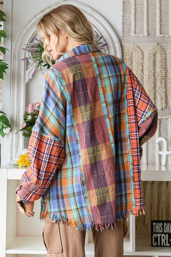 Oli & Hali Washed Plaid Mixed Buttondwon Shirt Jacket