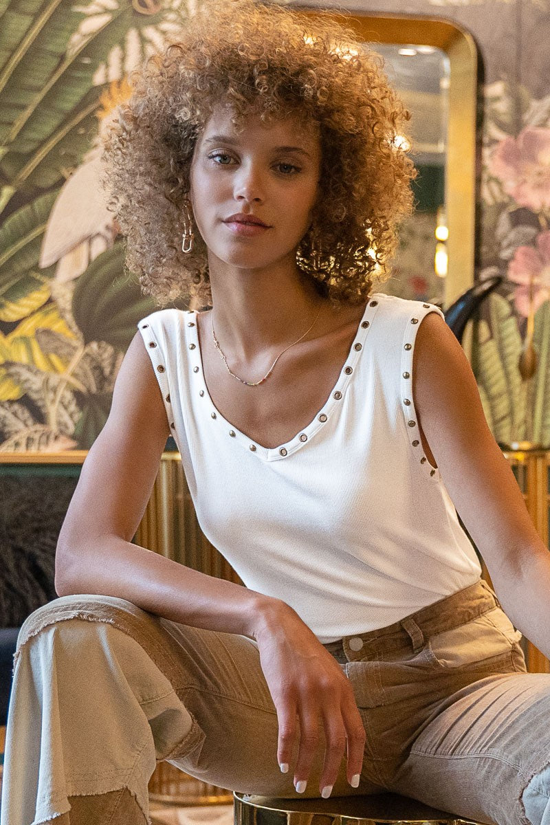 POL Eyelet Stud Detail V Neck Ribbed Tank Top