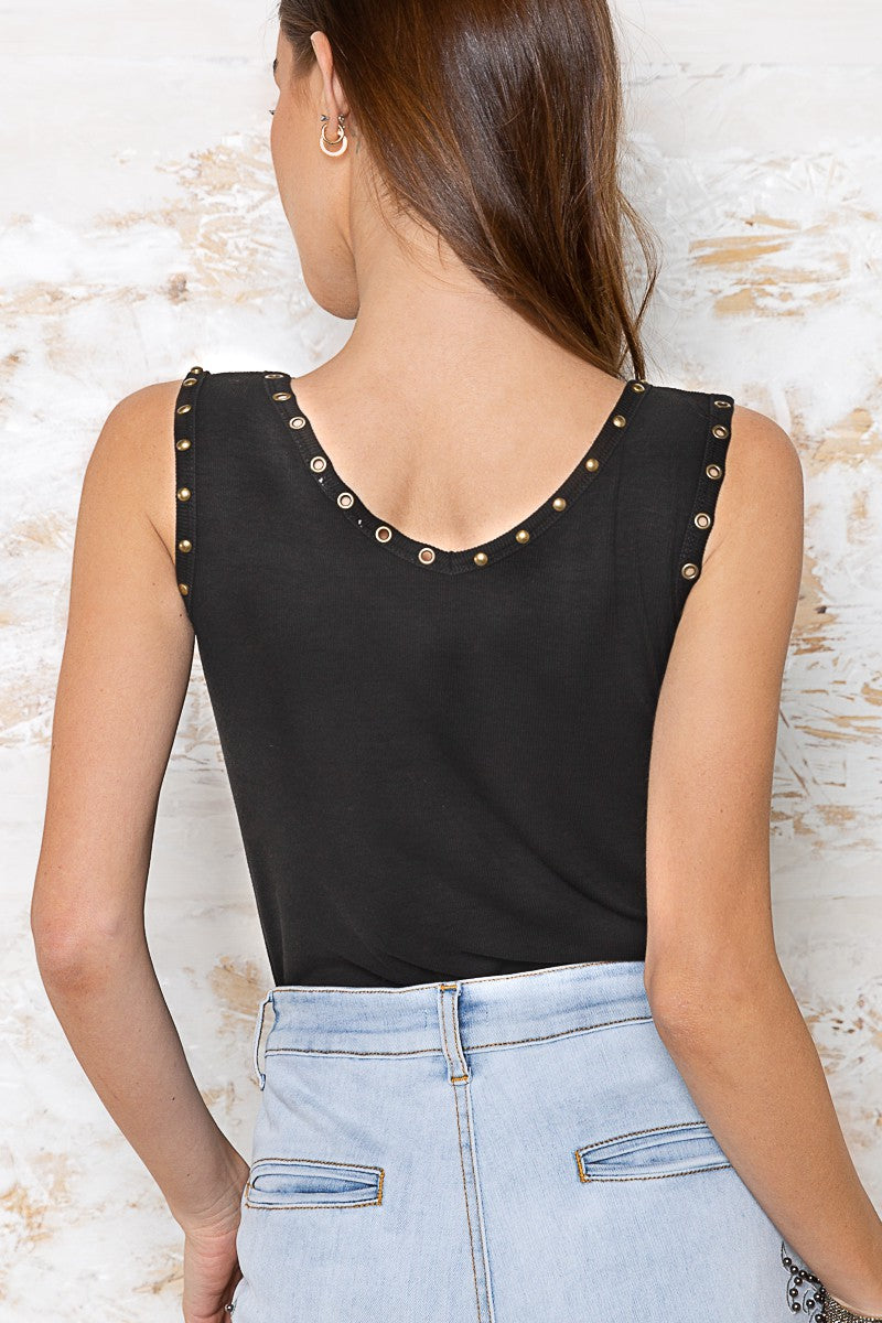POL Eyelet Stud Detail V Neck Ribbed Tank Top