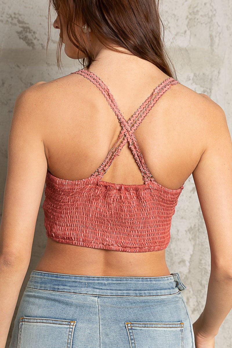 POL Adjustable Cross Strap Crochet Smock Back Bralette Top