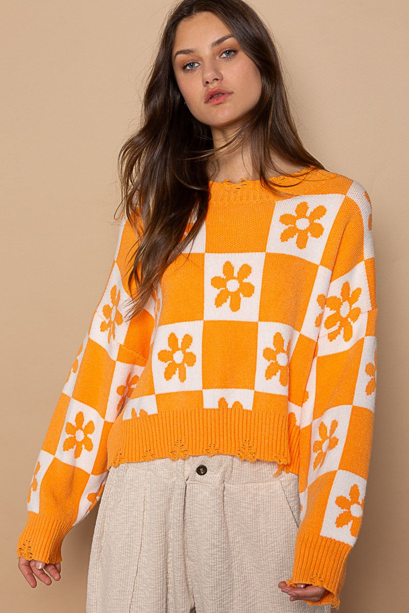 POL Floral Print Check Pattern Pullover Sweater Top