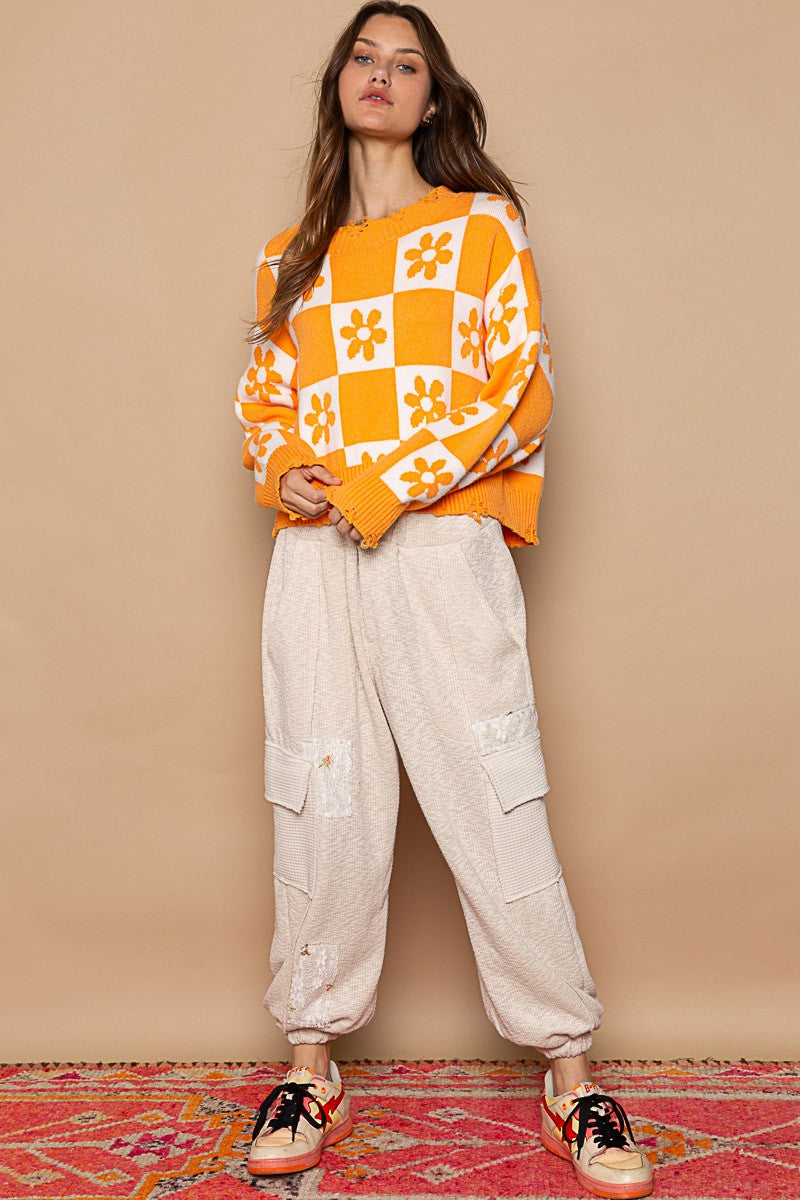 POL Floral Print Check Pattern Pullover Sweater Top