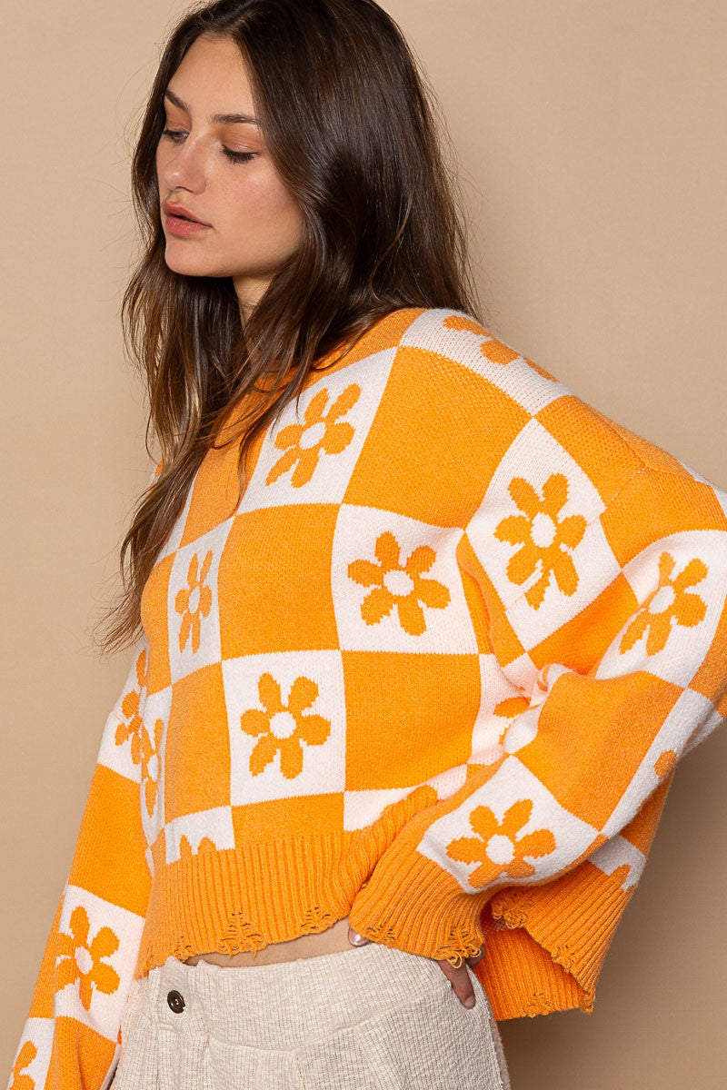 POL Floral Print Check Pattern Pullover Sweater Top