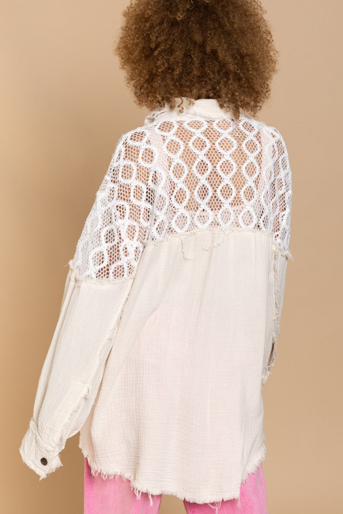 POL Oversize Contrast Open Knit Panel Detail Shirt Jacket