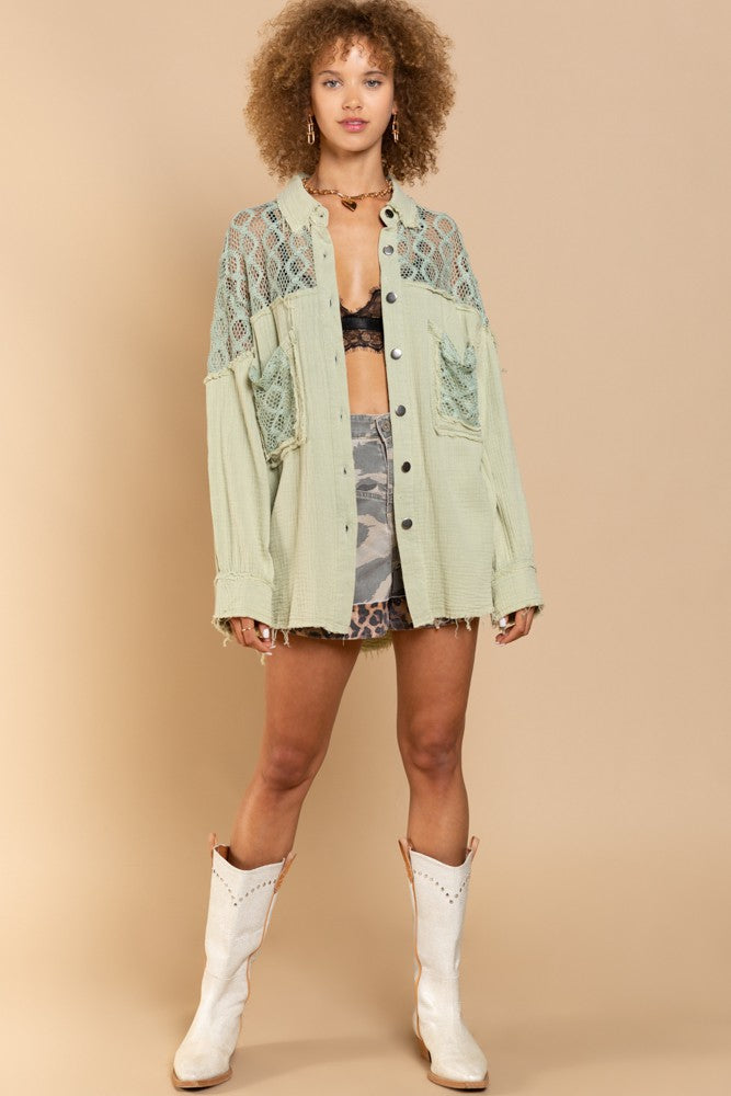 POL Oversize Contrast Open Knit Panel Shirt Top