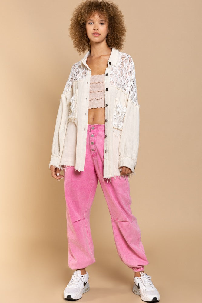 POL Oversize Contrast Open Knit Panel Detail Shirt Jacket