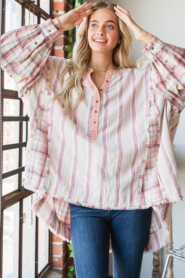 Oli & Hali Mineral Washed Fabric Mixed Henrey Top