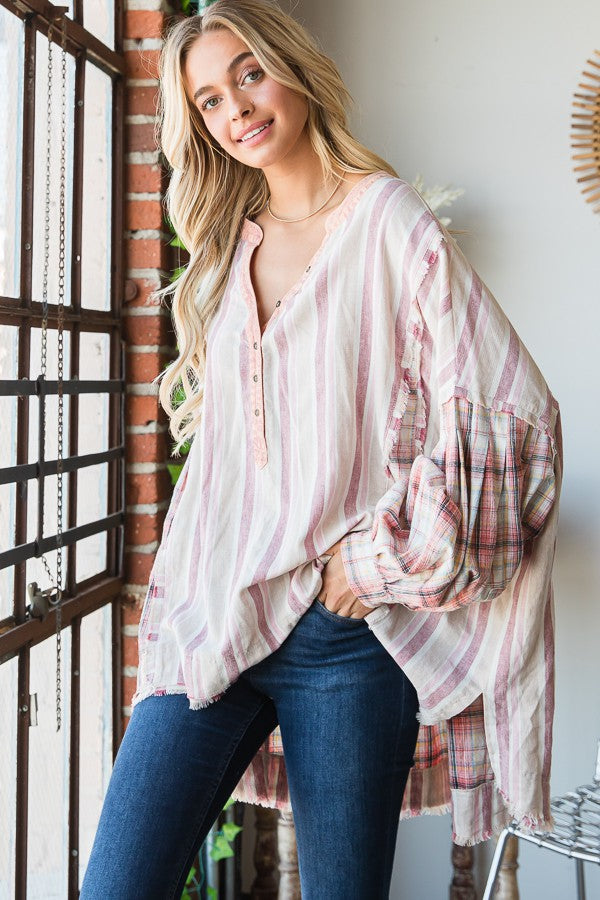 Oli & Hali Mineral Washed Fabric Mixed Henrey Top