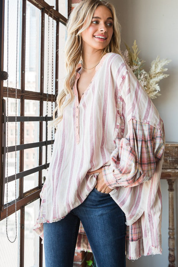 Oli & Hali Mineral Washed Fabric Mixed Henrey Top