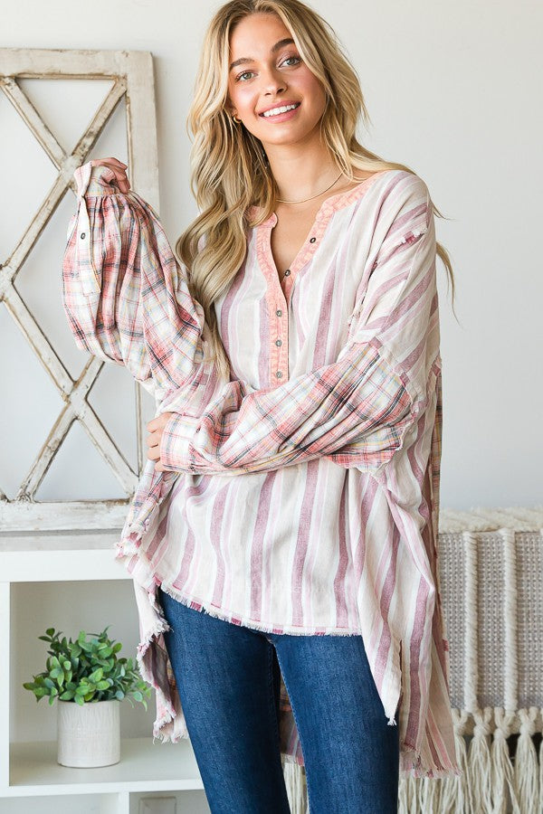 Oli & Hali Mineral Washed Fabric Mixed Henrey Top