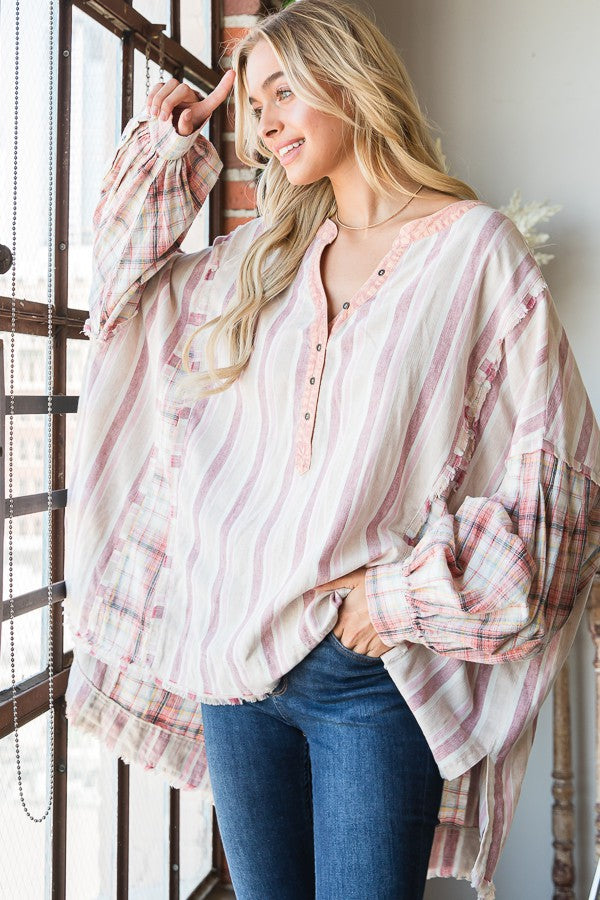 Oli & Hali Mineral Washed Fabric Mixed Henrey Top