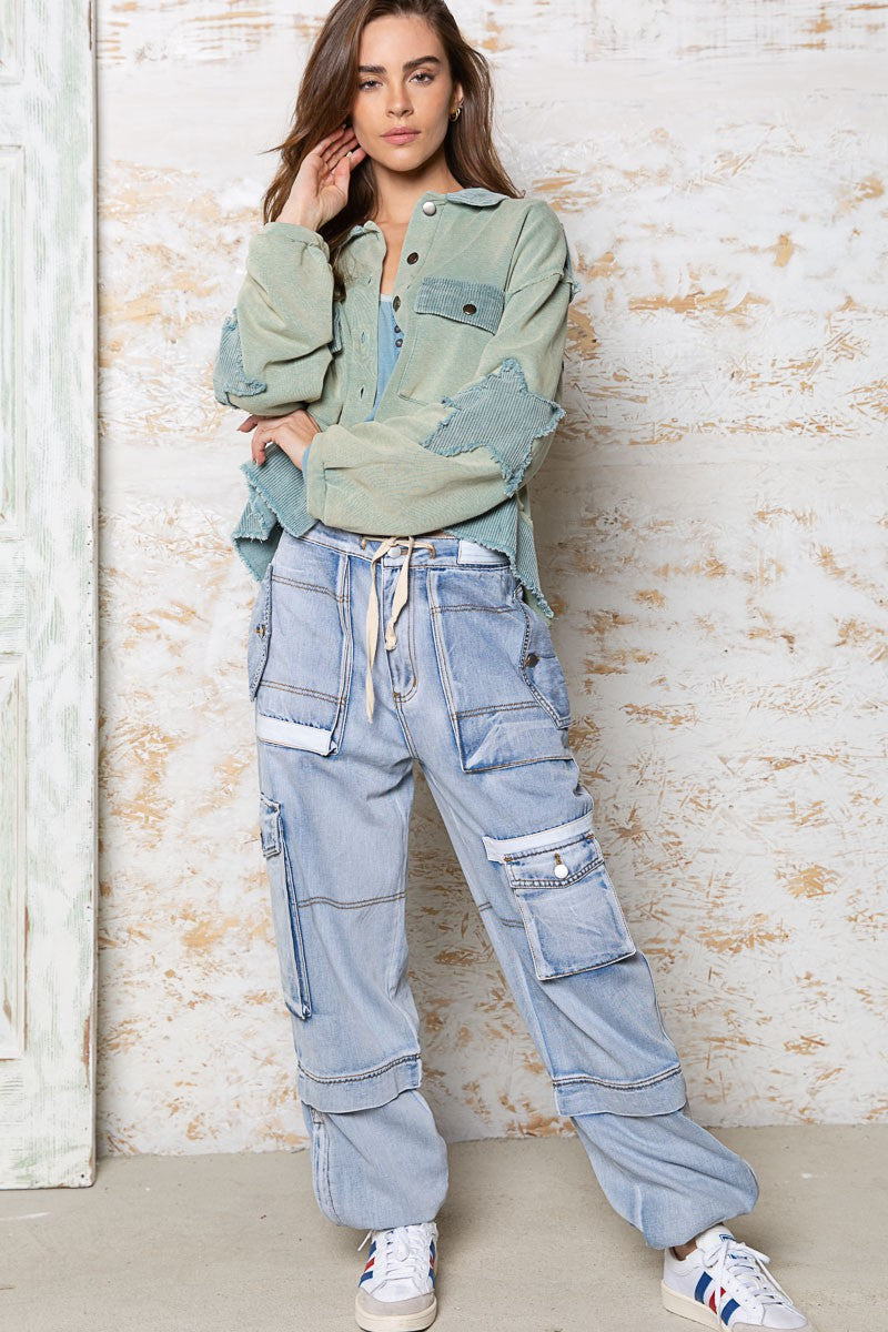 POL Contrast Corduroy Detail Button Down Oversize Fit Shacket Jacket