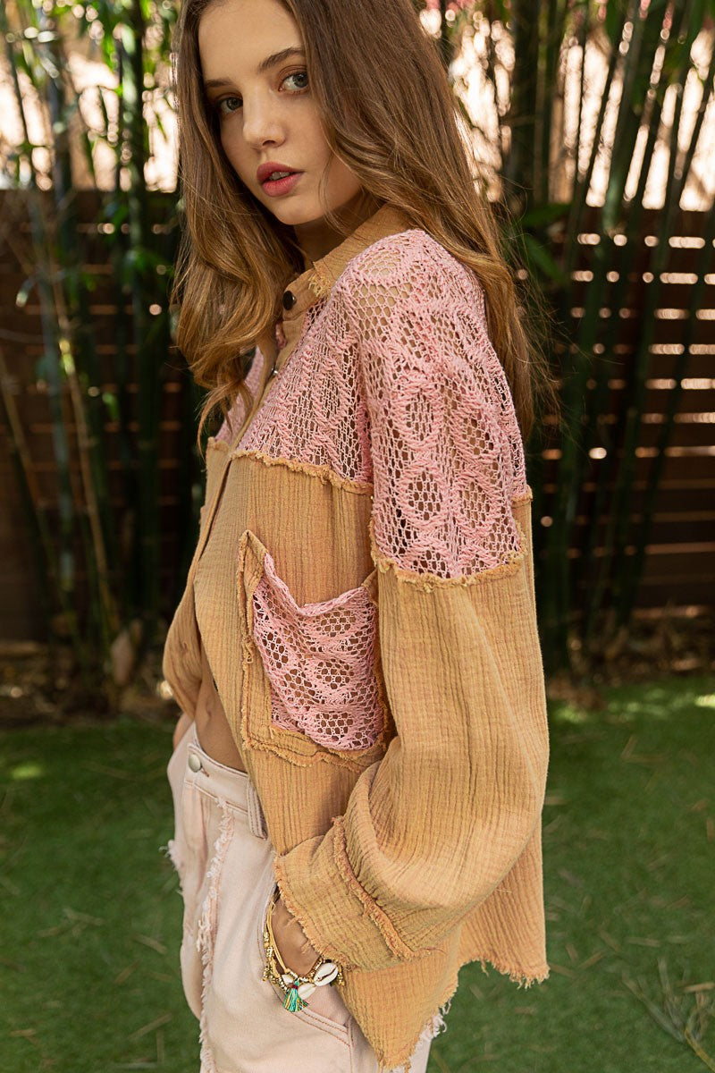 POL Oversize Contrast Open Knit Panel Shirt Top