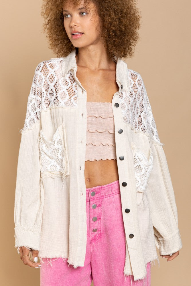 POL Oversize Contrast Open Knit Panel Shirt Top