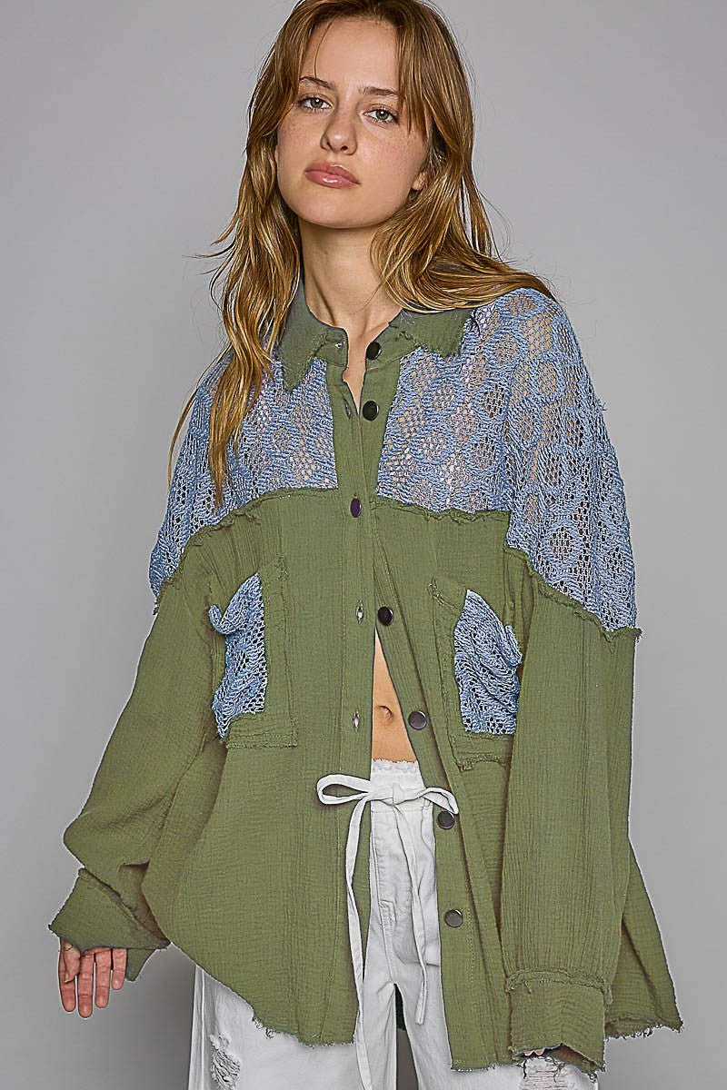 POL Oversize Contrast Open Knit Panel Shirt Top