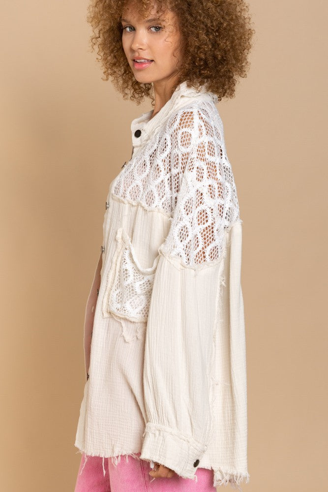 POL Oversize Contrast Open Knit Panel Shirt Top