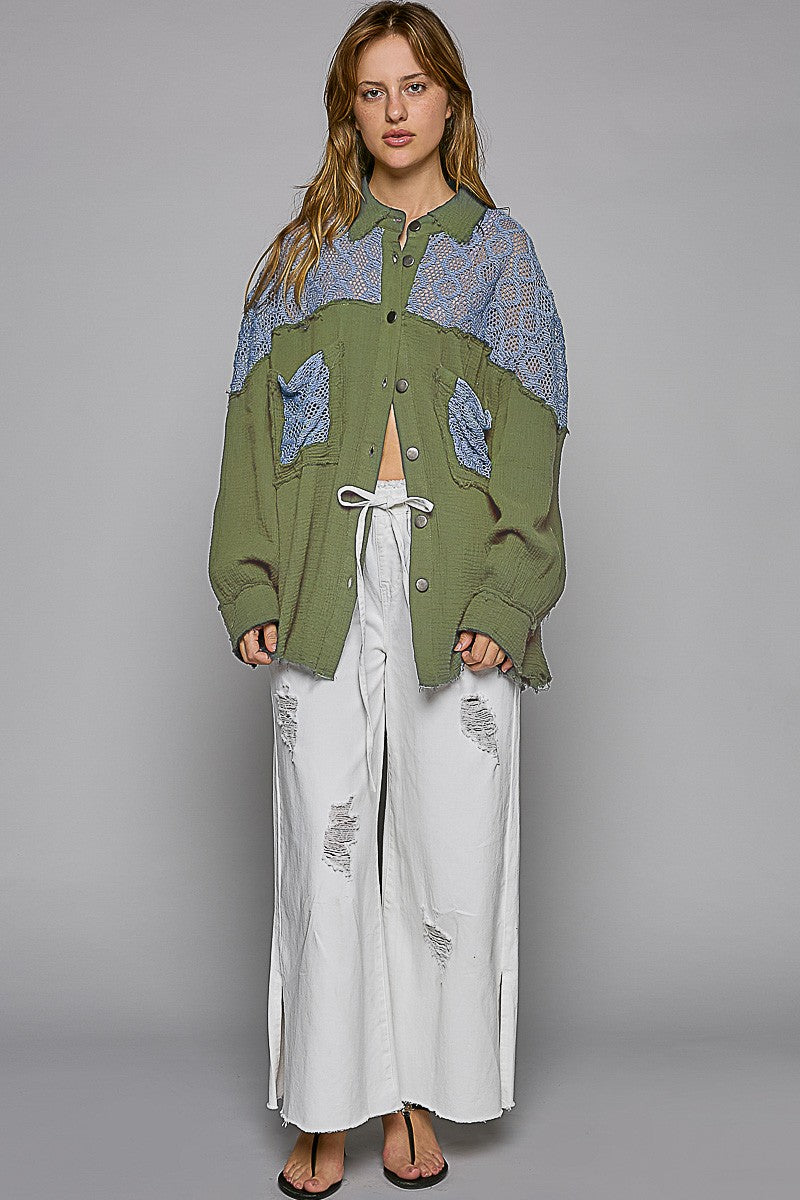 POL Oversize Contrast Open Knit Panel Shirt Top