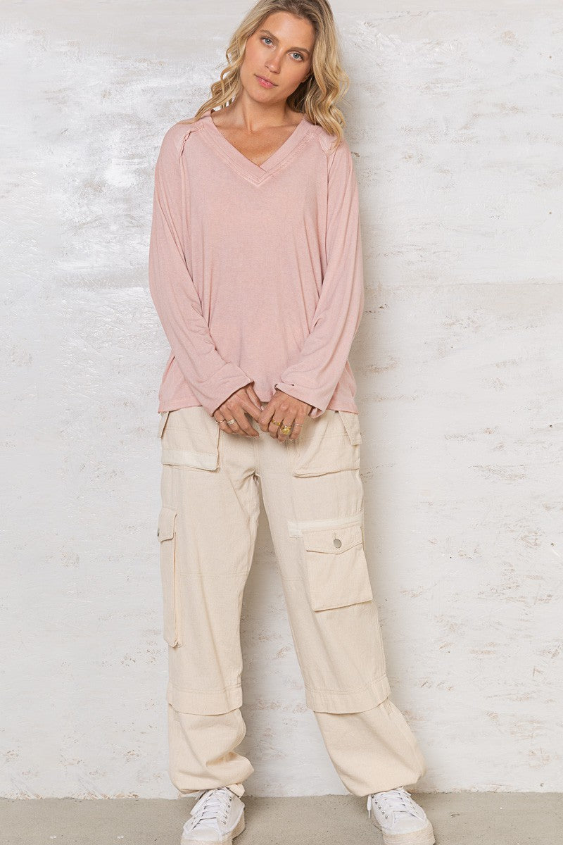 POL Relaxed Fit Raglan Long Sleeve V-Neck Knit Top