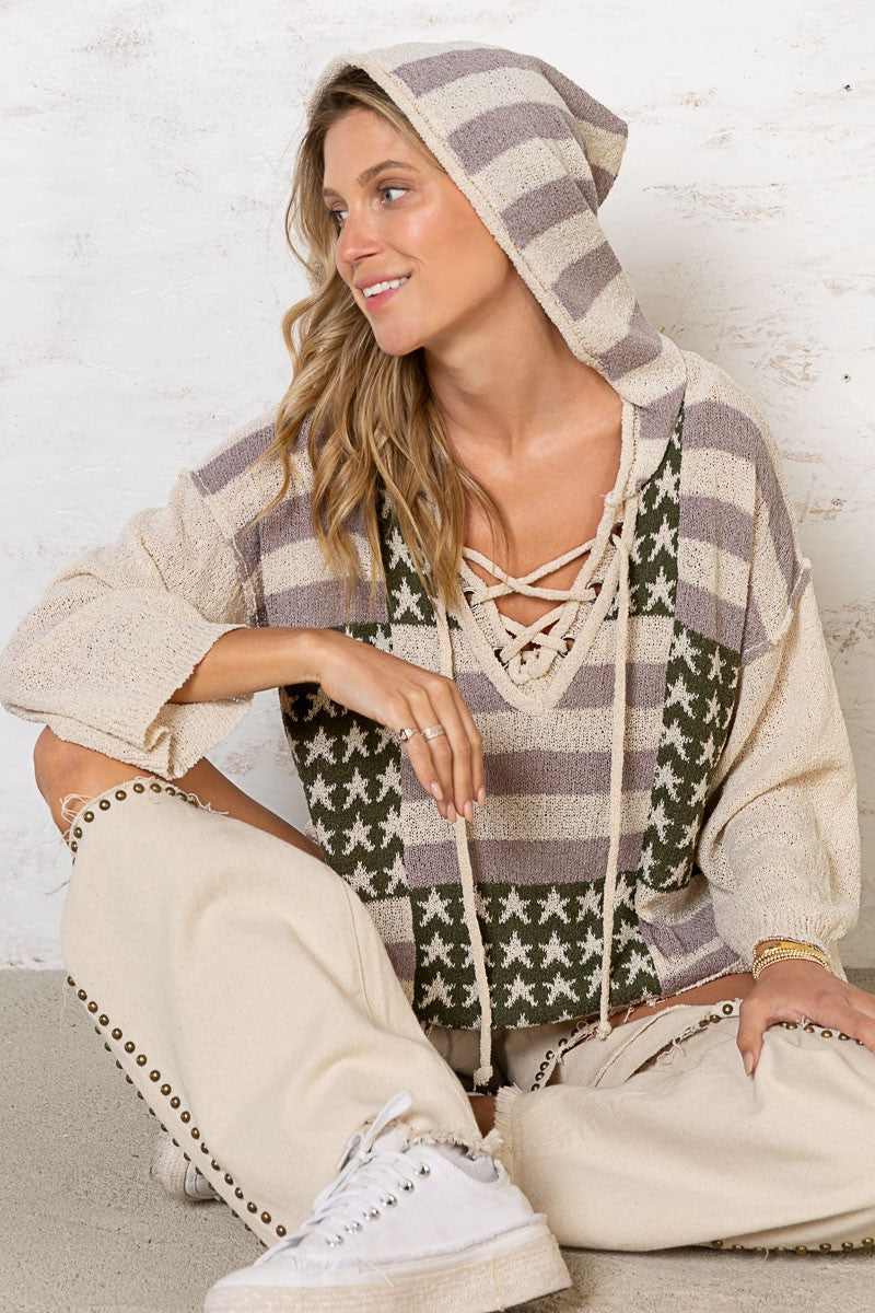 POL Americana Tie Oversize Front Hooded Sweater Top