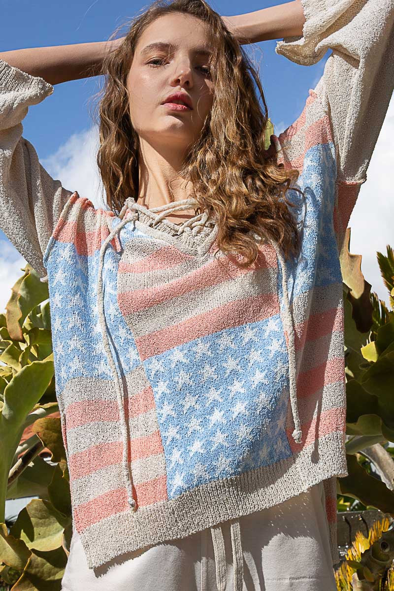 POL Americana Tie Oversize Front Hooded Sweater Top